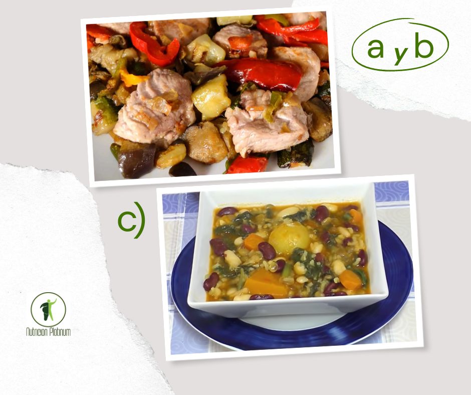 Magra de cerdo con calabacin con olleta de verduras y legumbres.